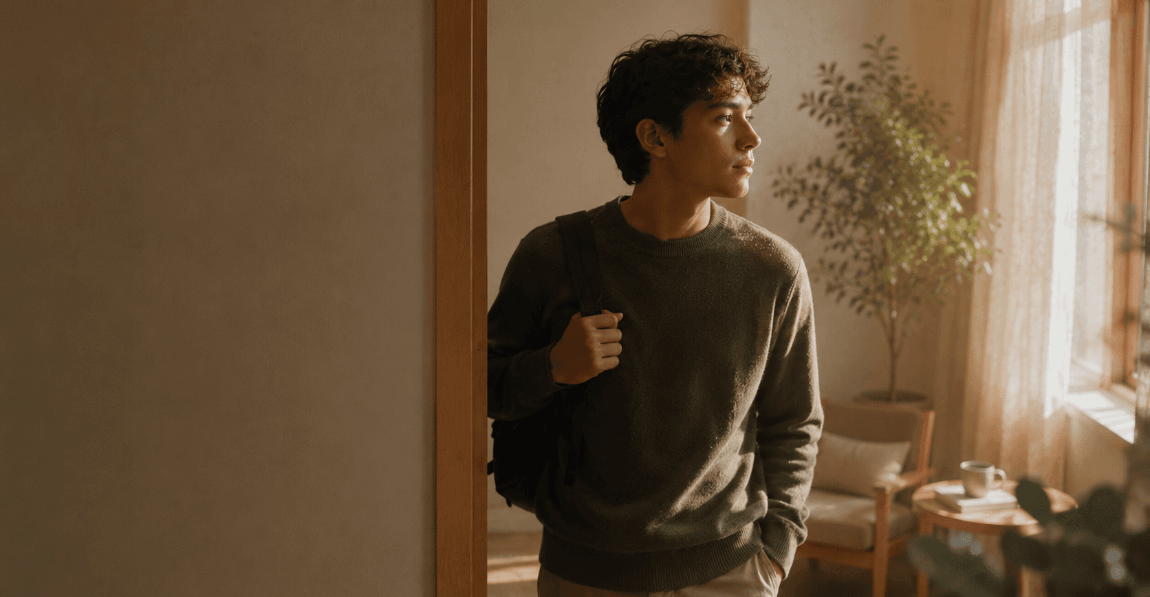 A young person stepping toward a sunlit doorway